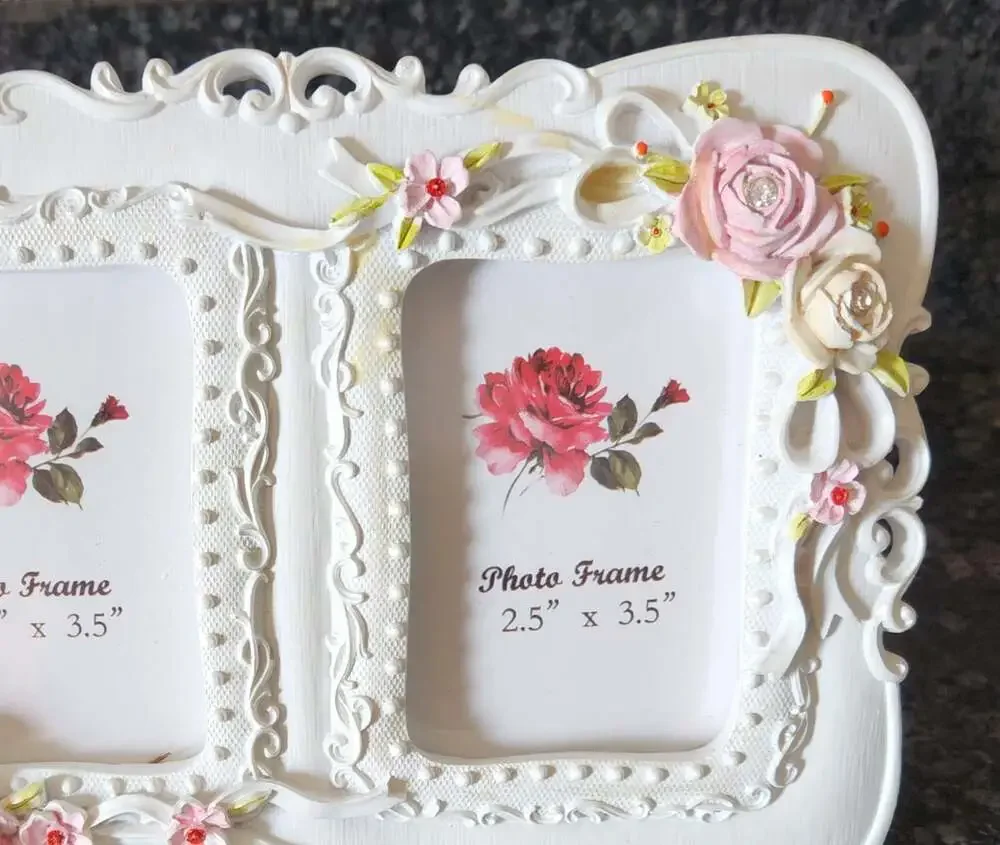 Double Picture Frame White Pink Floral Shabby Chich Cottagecore Style Polyresin